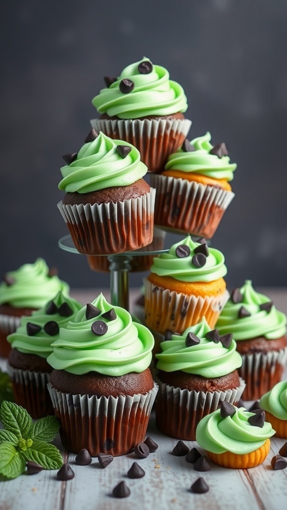 A display of mint chocolate chip cupcakes with green frosting and chocolate chips on top.