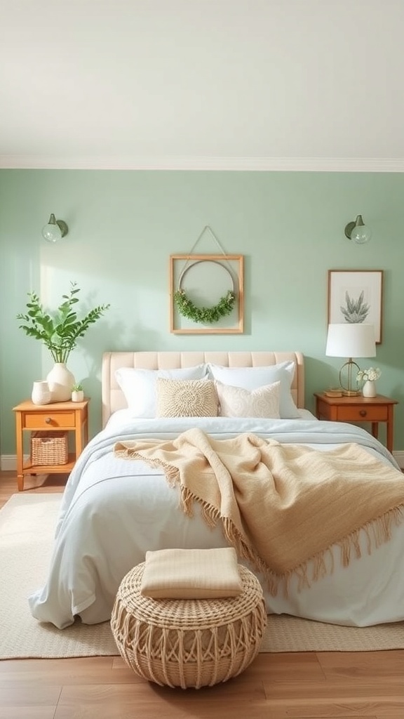 A calming bedroom featuring mint green walls, light bedding, and natural decor.