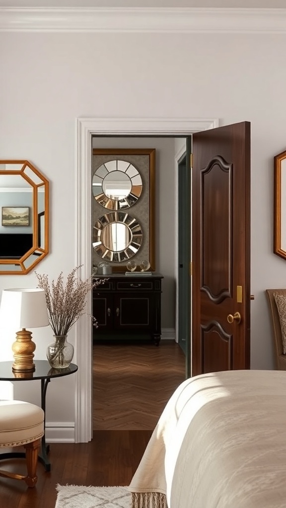 A stylish bedroom with a wooden door and decorative mirrors on the wall, creating an illusion of space.