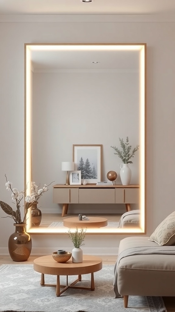 A modern room featuring a large mirror with LED lighting, a wooden table, and decorative vases.