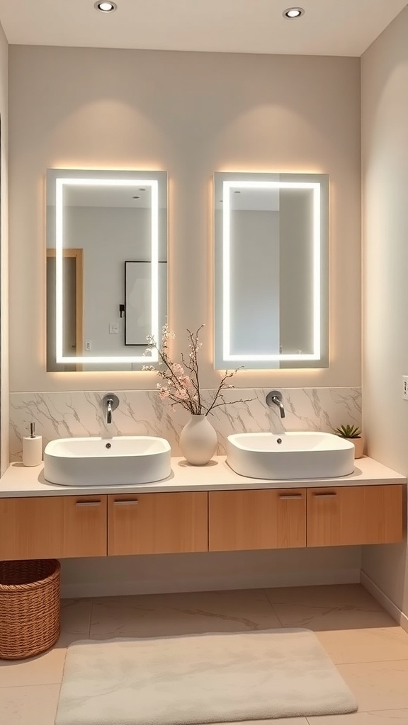 A modern bathroom featuring double sinks and illuminated mirror frames.