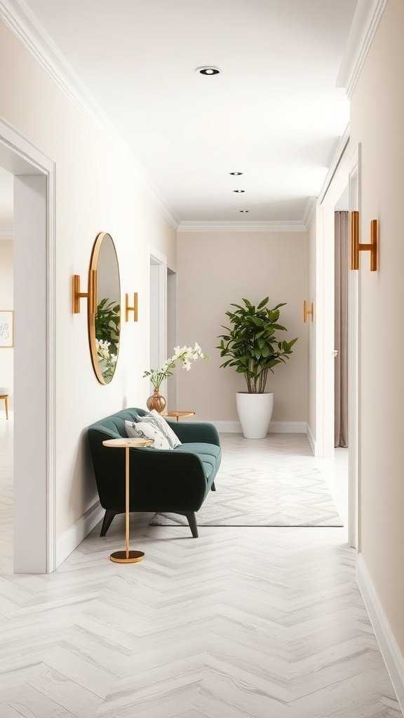 A modern hallway featuring a round mirror, green couch, and decorative plant.