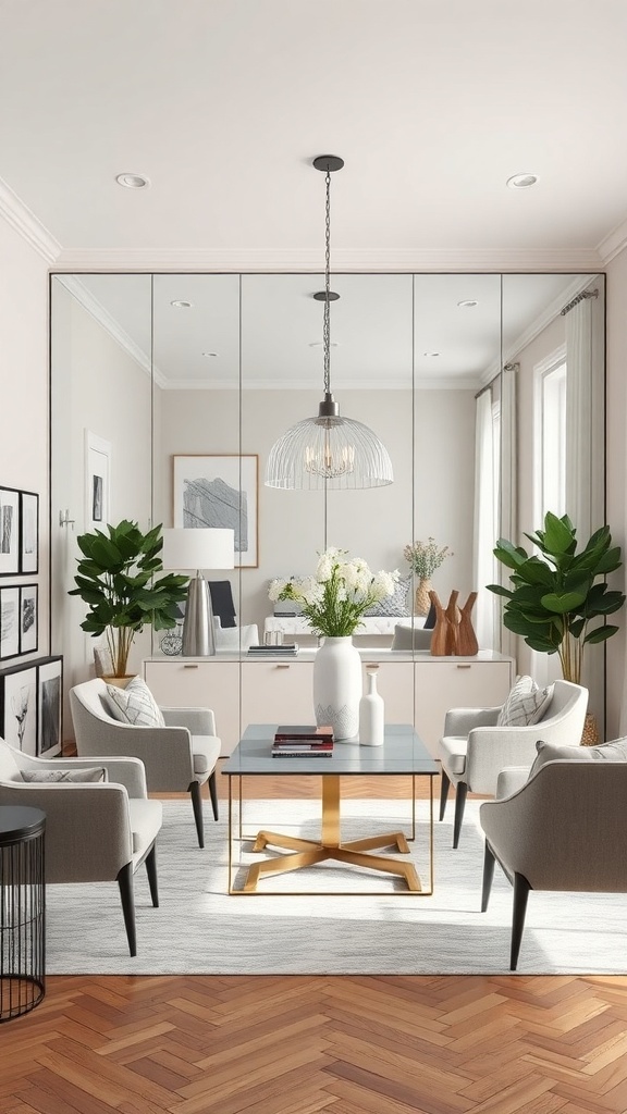 A stylish dining room featuring a large mirror wall, modern furniture, and decorative plants.