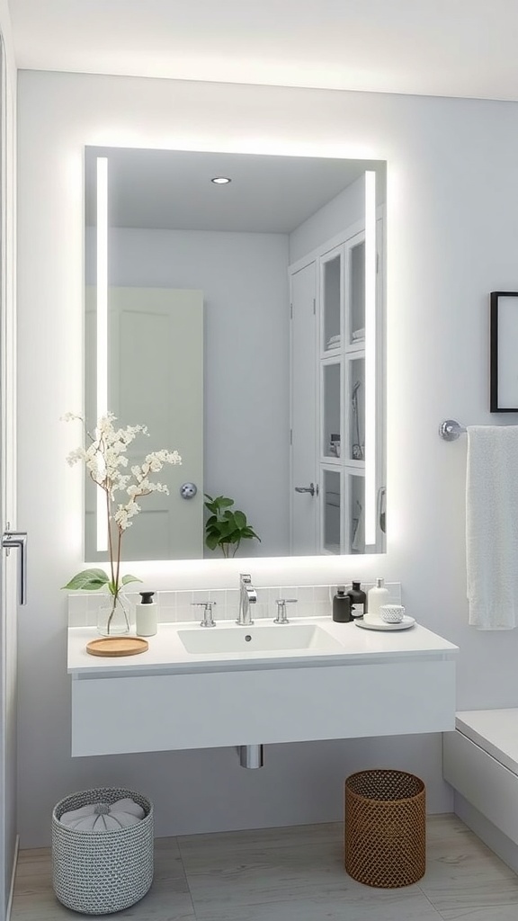 A modern bathroom featuring a mirror with LED lighting, a minimalist sink, and decorative elements.