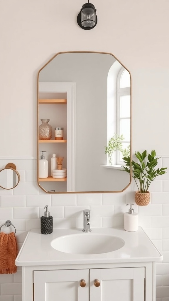 A bathroom featuring a stylish mirror with shelving, a sink, and decorative items.