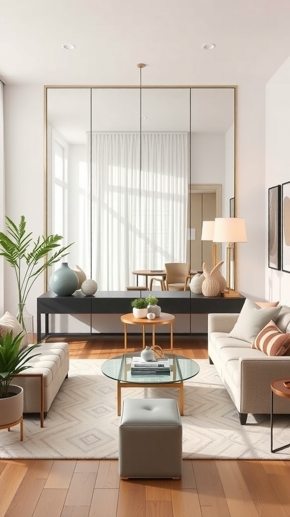 A modern living room featuring a mirrored accent wall, stylish furniture, and decorative plants.