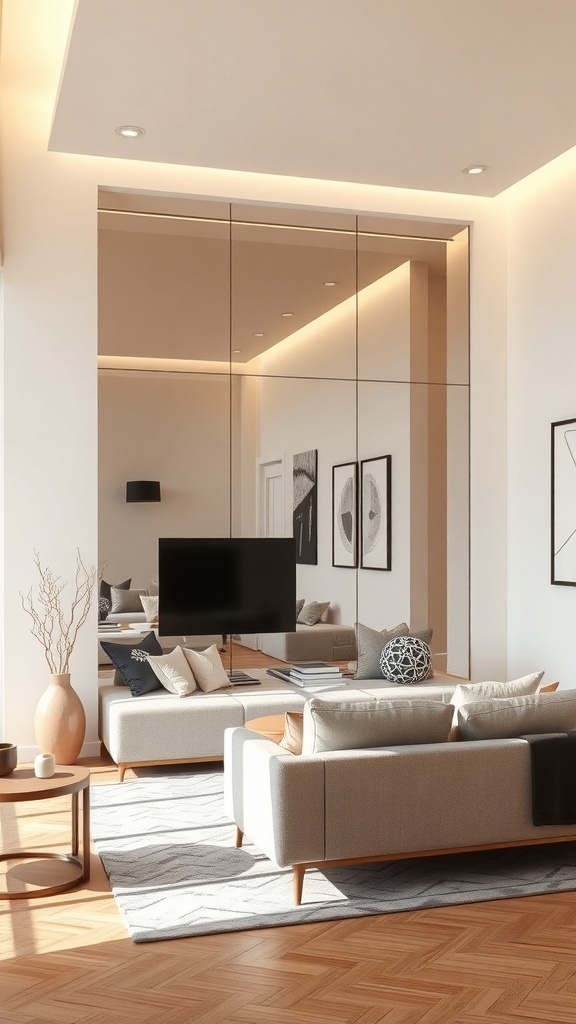 A stylish living room with a large mirrored accent wall, cozy furniture, and warm wood flooring.