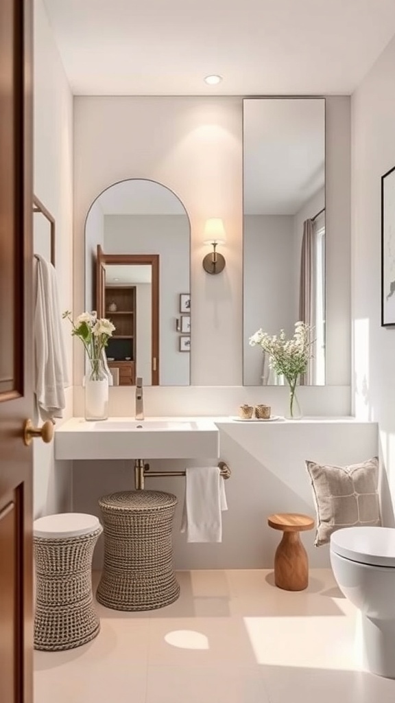 A modern bathroom featuring large mirrors, stylish stools, and a clean design.