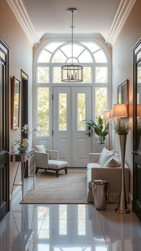 A stylish foyer with mirrored accents, bright lighting, and modern furniture.