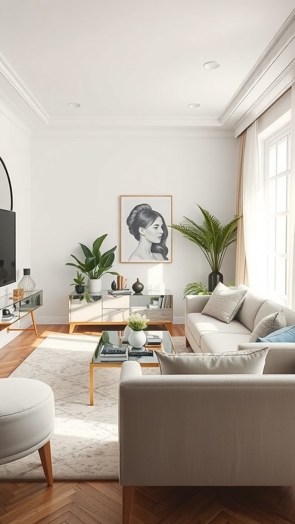 A small lounge room featuring a mirrored console table, light-colored furniture, plants, and artwork on the wall.