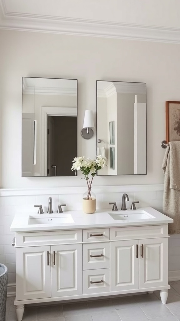 A modern bathroom with a double sink and two mirrored cabinets above, featuring a bright, clean design.