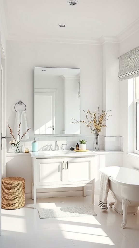 A bright bathroom featuring a mirrored cabinet above a sink, with natural light illuminating the space.