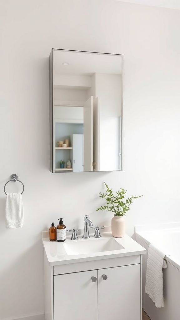 A modern bathroom featuring a mirrored cabinet above a sink with stylish fixtures and a plant.