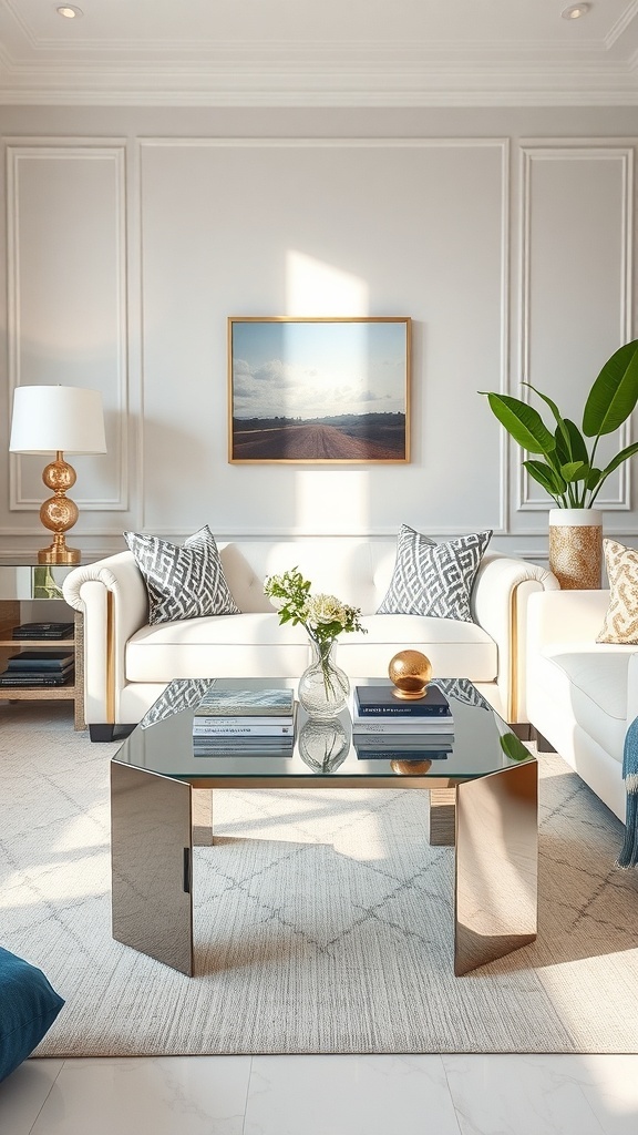 A stylish living room featuring a mirrored coffee table, cream sofa, and decorative pillows.