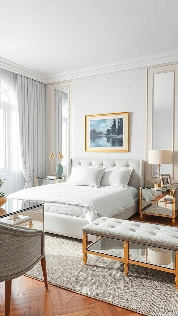 A modern bedroom featuring mirrored furniture, a plush bed, and soft curtains.