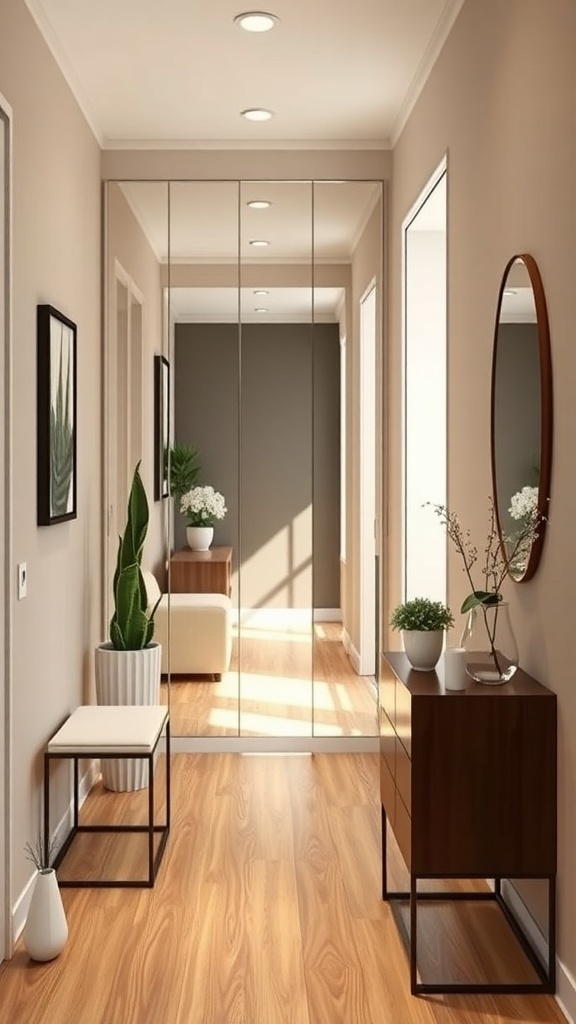 A hallway featuring mirrored panels, wooden flooring, and stylish decor.