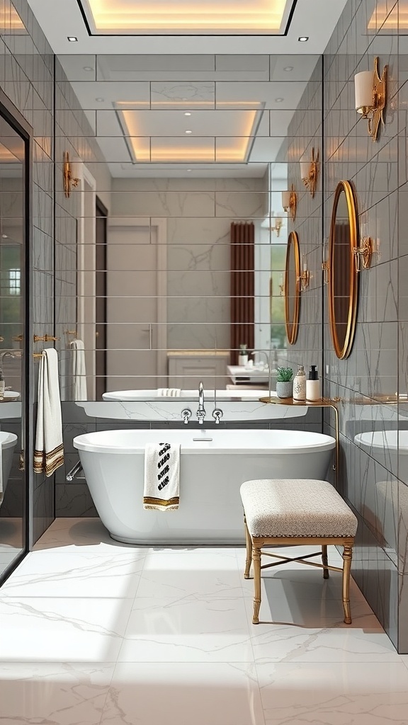 Stylish bathroom with mirrored tiles, round mirrors, and gold accents.