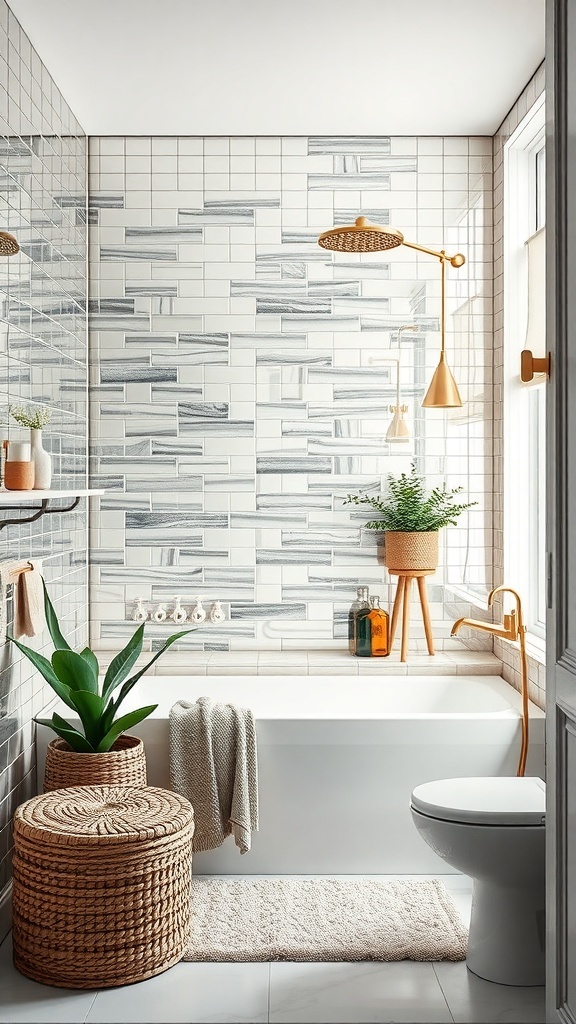 Stylish bathroom featuring mirrored tiles and modern decor.