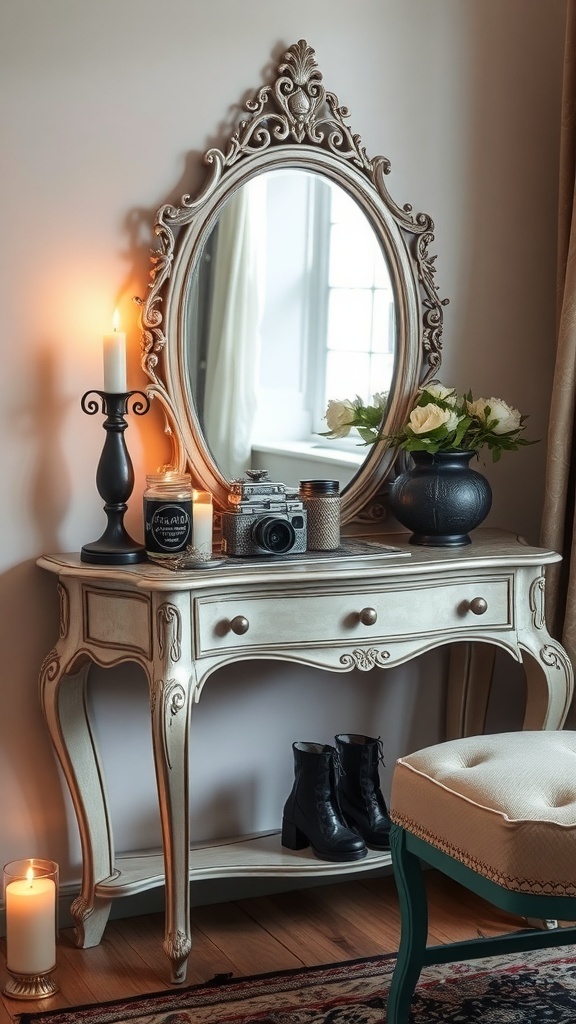 A beautifully designed mirrored vanity table with candles, a vintage camera, and a vase of flowers in a romantic goth bedroom.