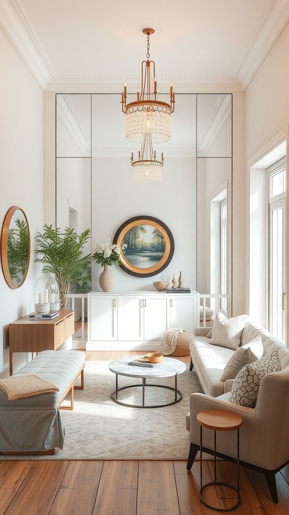 A stylish entryway featuring a mirrored wall, elegant chandelier, and cozy furniture.