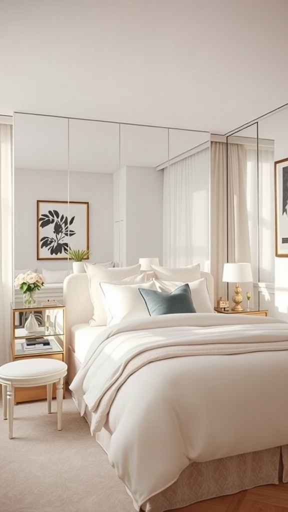 A stylish bedroom featuring a mirrored wall, elegant decor, and soft colors.