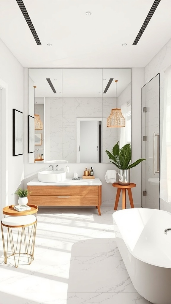 A modern bathroom featuring a large mirrored wall, bright lighting, and stylish fixtures.