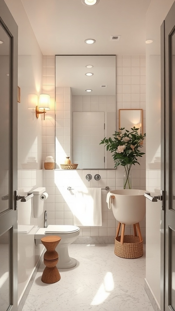 Small bathroom featuring a large mirror, natural light, and stylish decor.