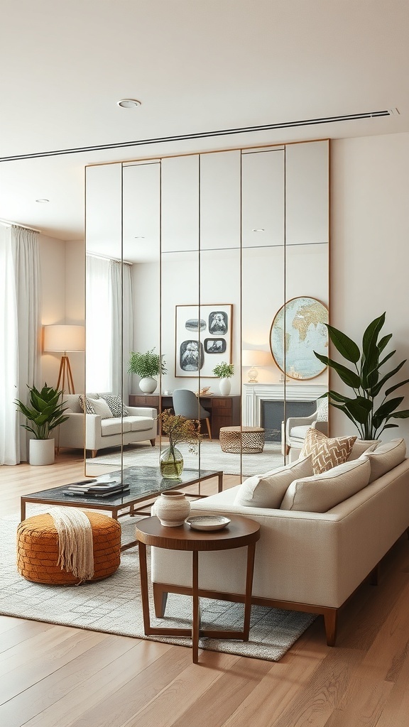 A stylish living room featuring a large mirror as a room divider, with cozy furniture and plants.