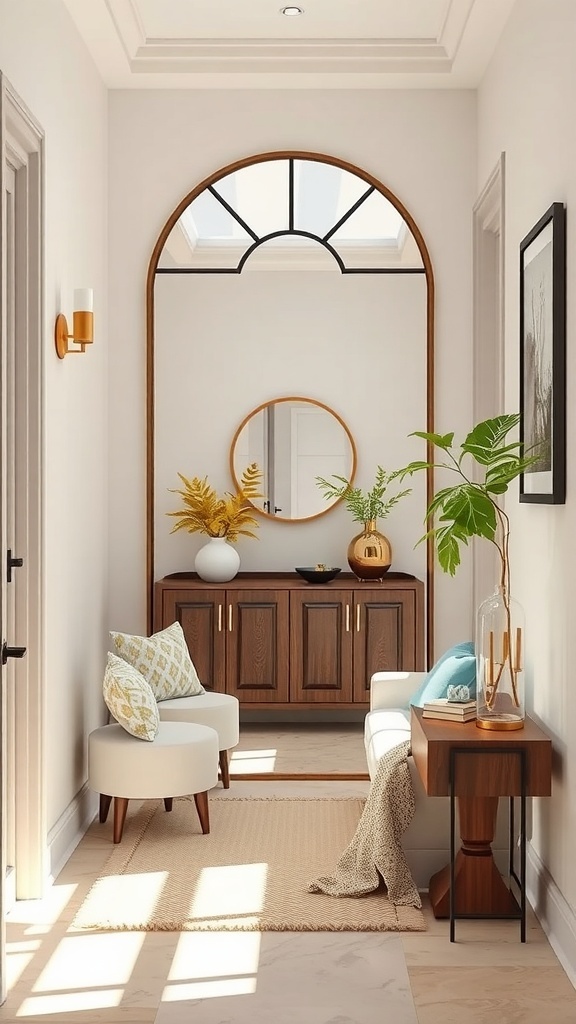 A stylish small entryway featuring a round mirror, plants, and a cozy seating area.