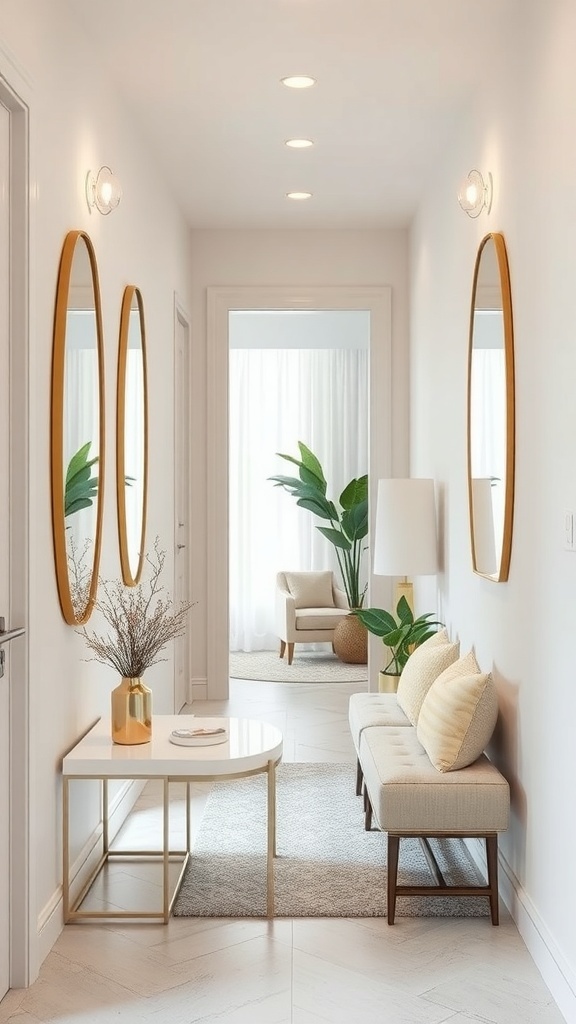 A small hallway featuring round mirrors, a bench, and plants, creating an illusion of space.
