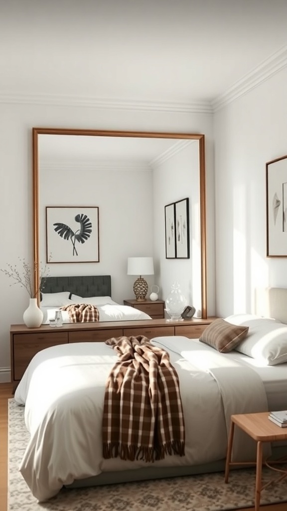A cozy bedroom featuring a large mirror above the bed, reflecting light and creating an illusion of space.
