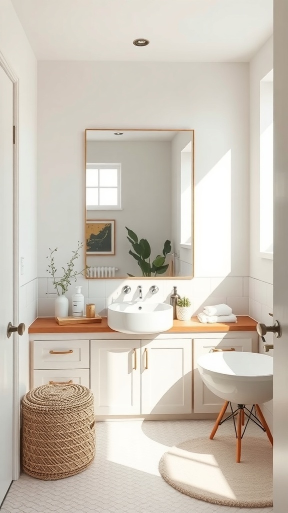 A bright and airy tiny bathroom featuring a large mirror, modern sink, and warm wood accents.