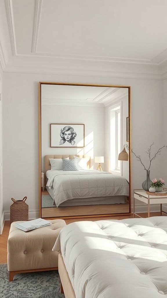 A stylish master bedroom featuring a large mirror reflecting a cozy bed and soft lighting.
