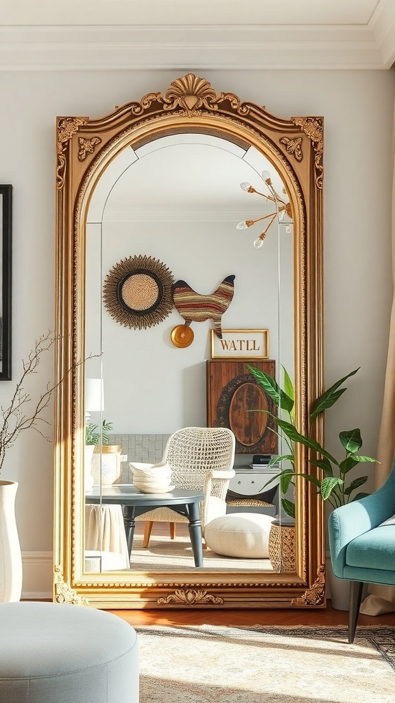 A large ornate mirror with a golden frame reflecting a stylish room with decorative elements.