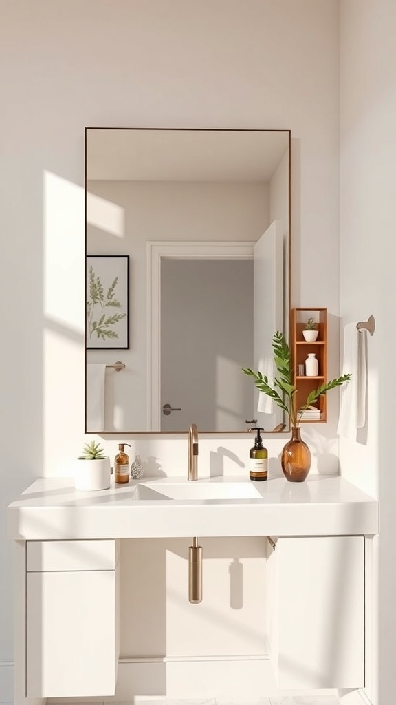 A modern bathroom with a large mirror and built-in storage, featuring a sleek vanity and decorative plants.
