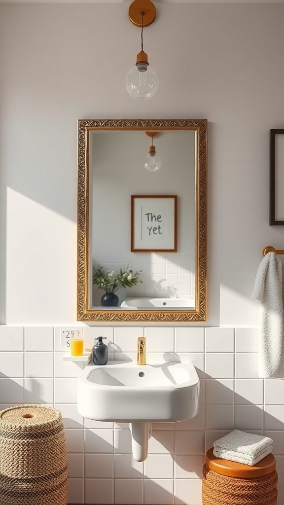 A bathroom with a decorative mirror featuring a gold frame, a modern sink, and stylish decor.