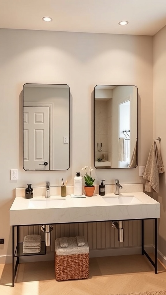 A stylish bathroom with double sinks and mirrors featuring integrated shelving.