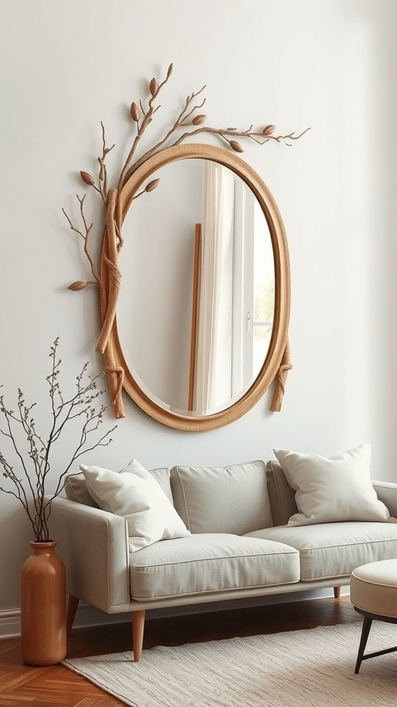 A nature-inspired mirror with branches and leaves design above a light-colored sofa.