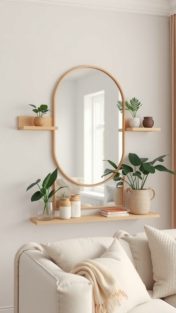 A wooden-framed mirror with two shelves displaying plants and decorative items