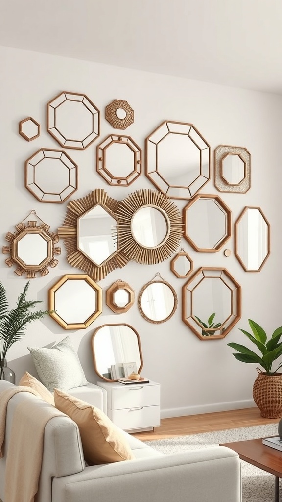A collection of uniquely shaped mirrors arranged on a wall, featuring various sizes and designs.