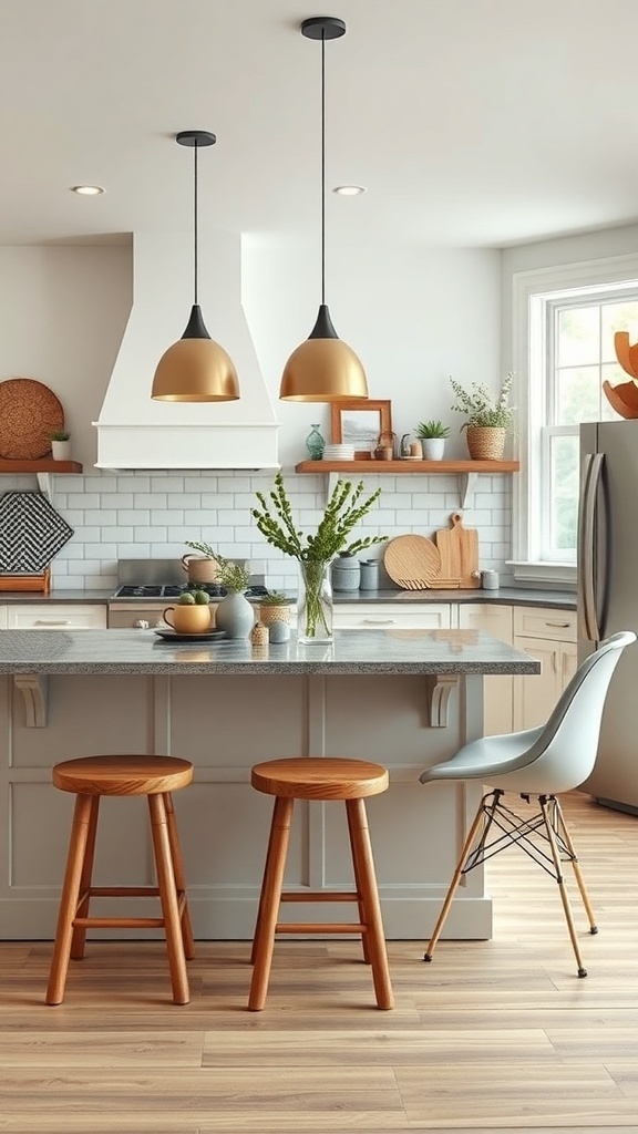 An eclectic kitchen featuring mismatched furniture styles, including wooden stools and a modern Eames chair, with gold pendant lights and a cozy atmosphere.