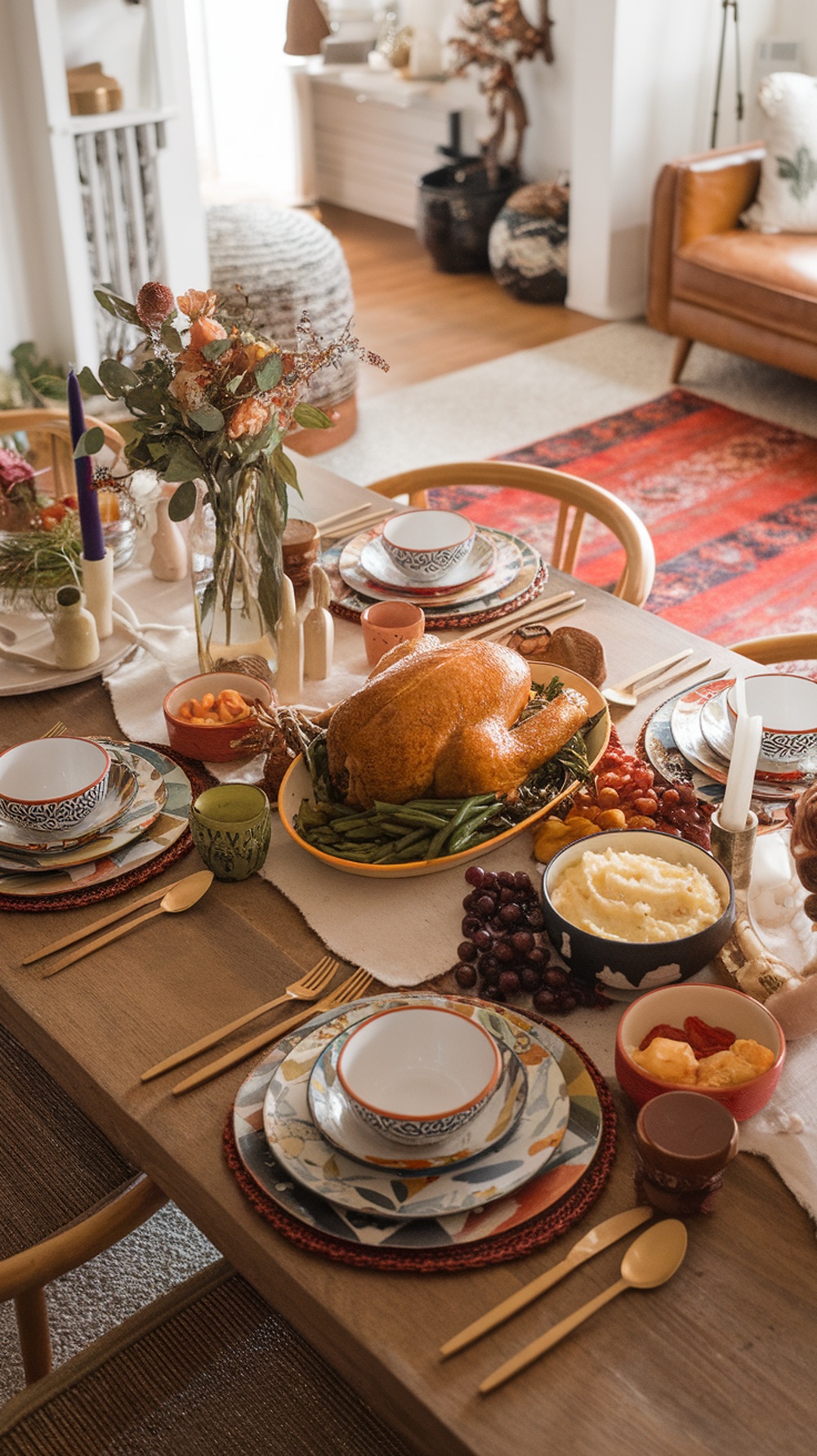 A beautifully set Thanksgiving table featuring a mix of colorful dinnerware, a roasted turkey, and various side dishes.