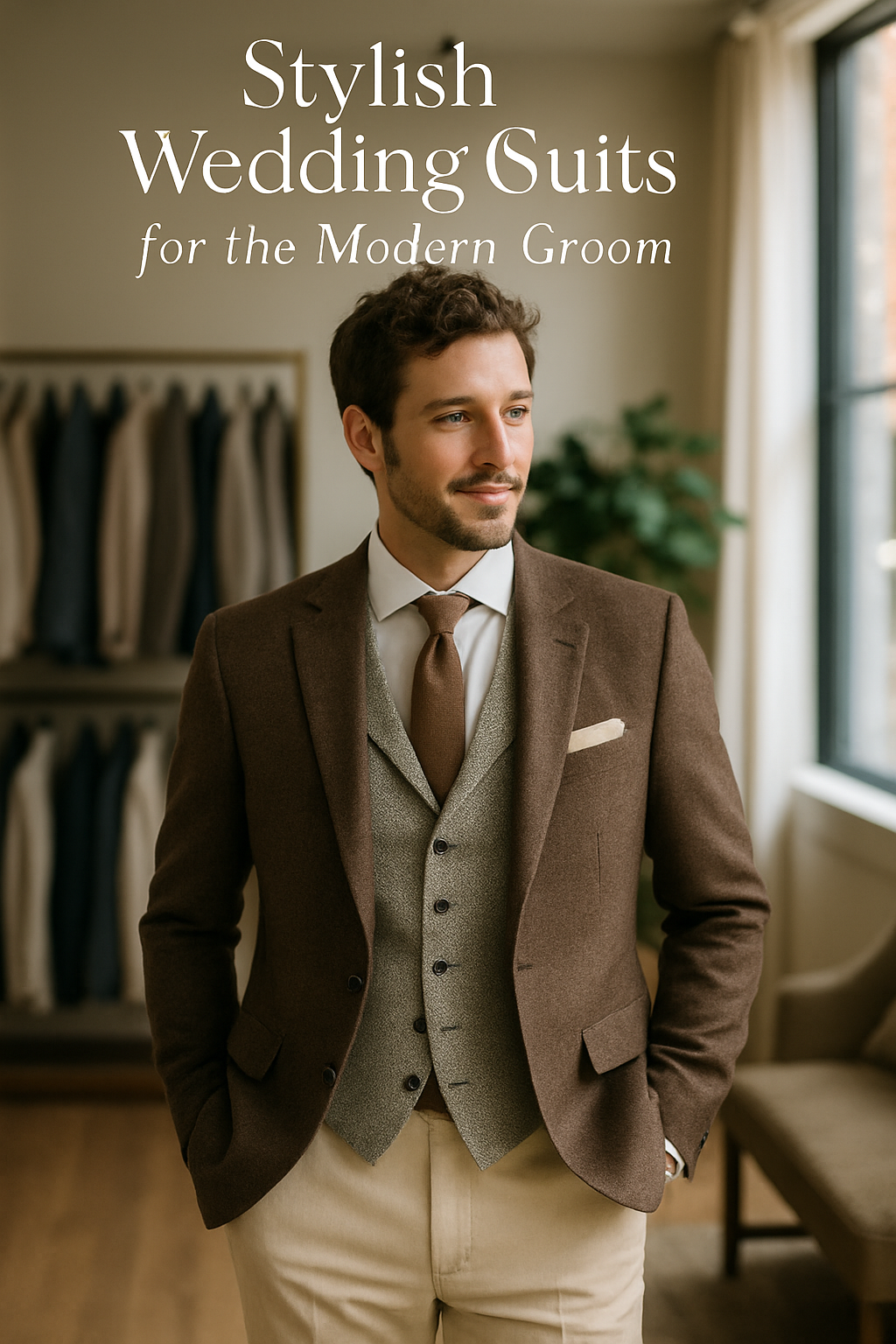 A modern groom wearing a stylish brown suit with a light vest and tie, standing confidently.