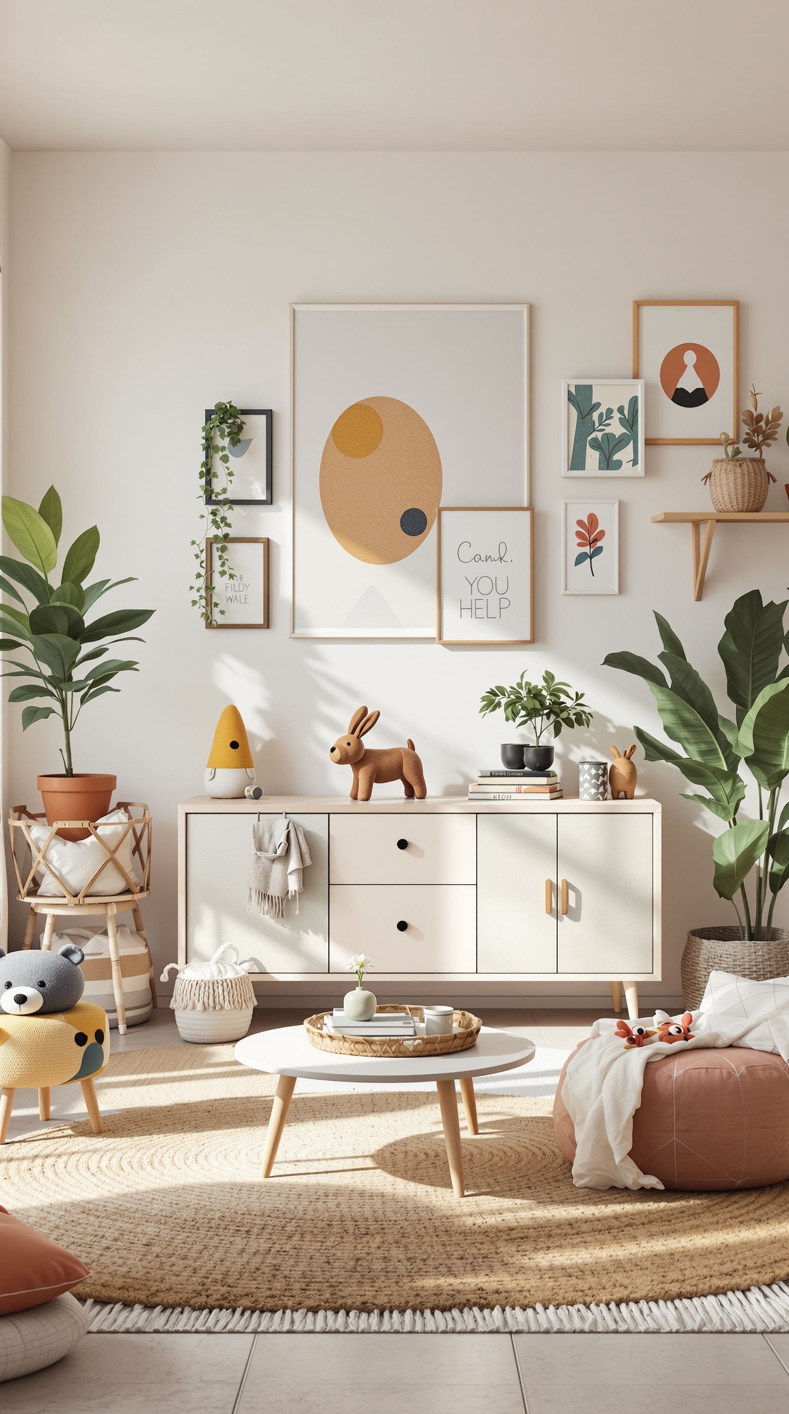 An eclectic kids room featuring a mix of furniture styles, playful decor, and vibrant colors.