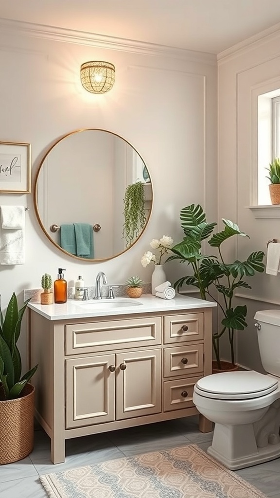 A stylish bathroom with a beige vanity, round mirror, plants, and warm lighting.