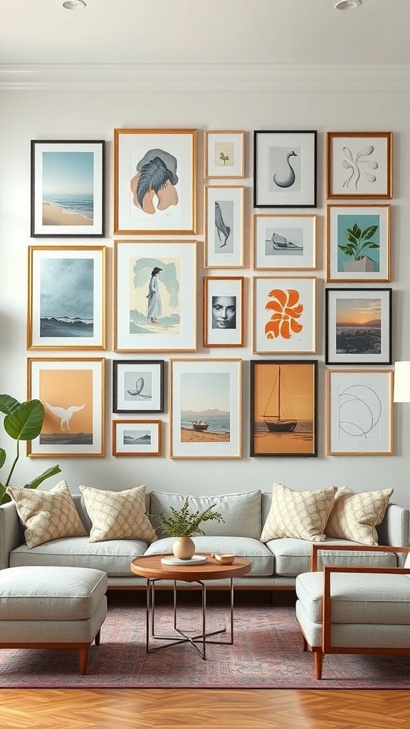 Gallery wall with a mix of art styles and framed pictures