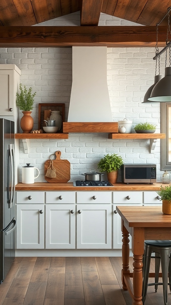 A rustic farmhouse kitchen featuring white brick walls, wooden shelves, and modern appliances.