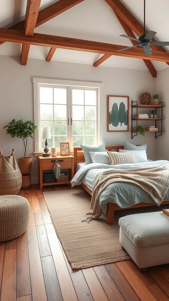 A rustic farmhouse bedroom featuring wooden beams, soft blue bedding, and natural decor.