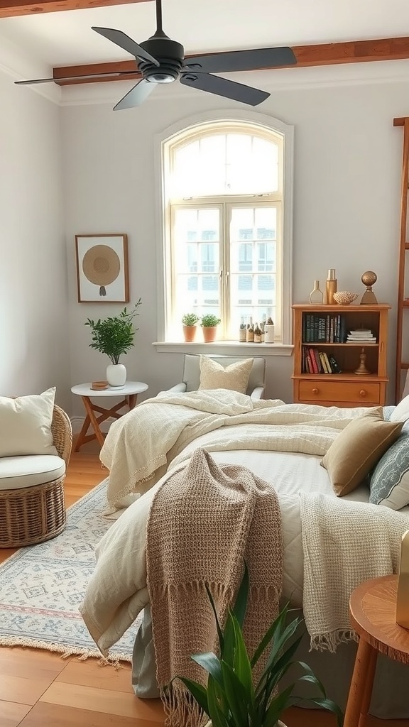 A cozy boho farmhouse bedroom featuring a mix of modern and vintage styles, with soft colors, wooden furniture, and plants.