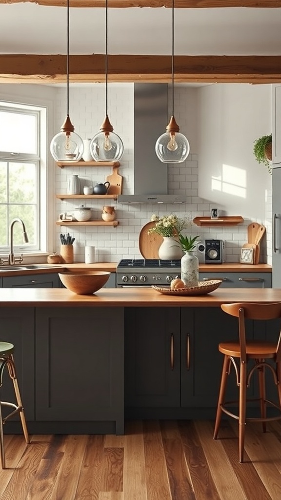 A modern rustic kitchen featuring dark cabinetry, wooden beams, and stylish pendant lights.